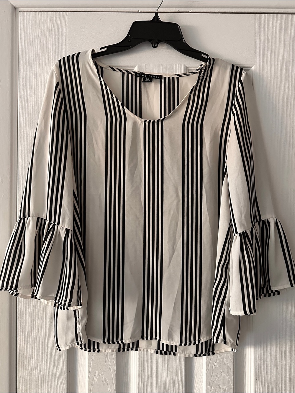 Women’s Black & White Vertical Stripe Ruffle-Sleeve Blouse